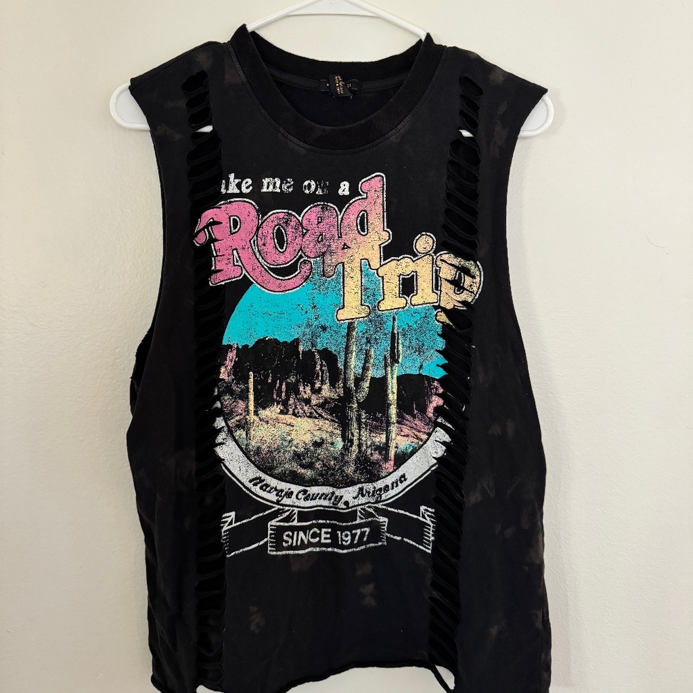 Roadtrip Distressed Acid Wash Muscle Tee
